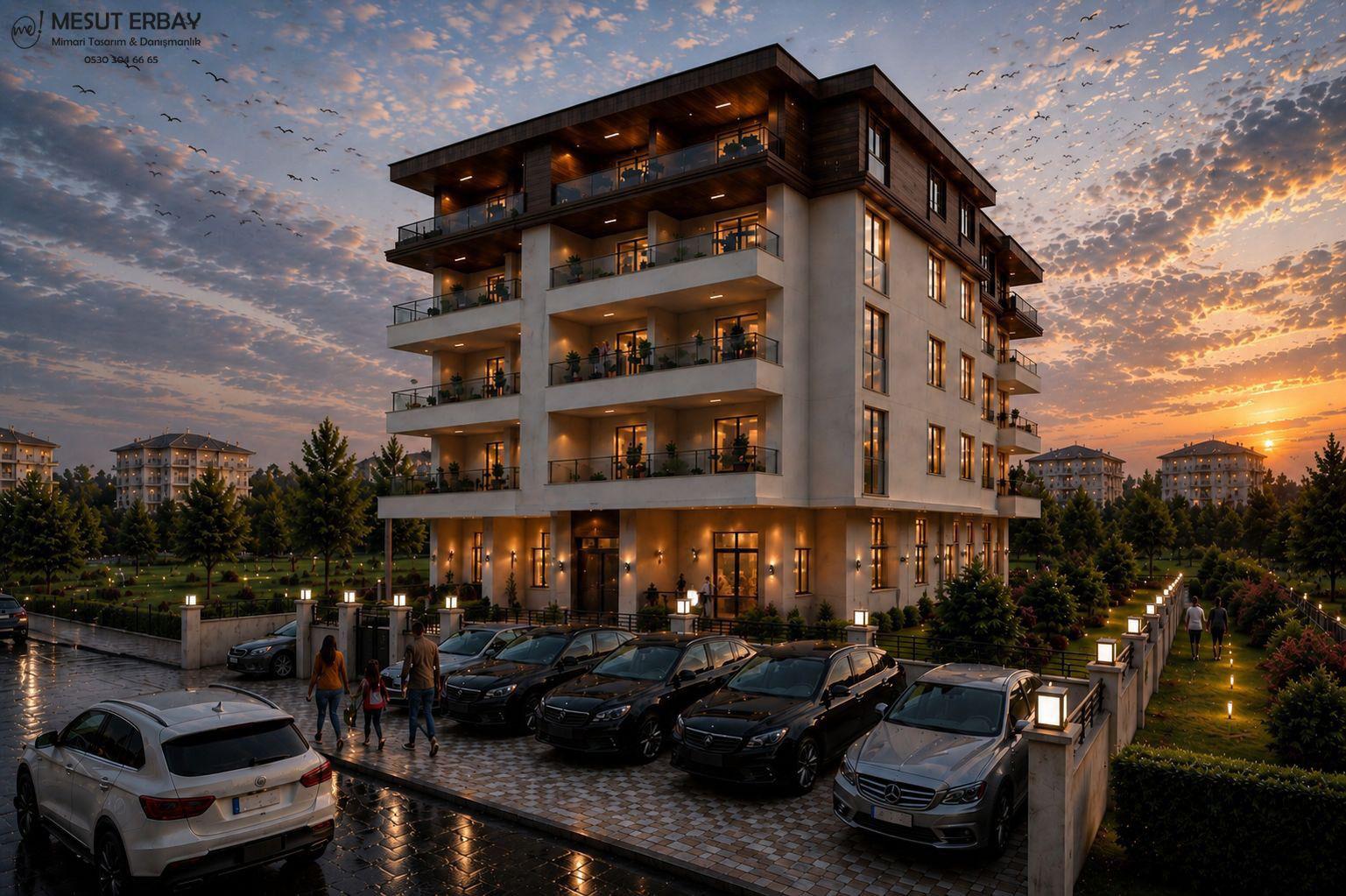 Akşam ışığında modern bir konut projesi